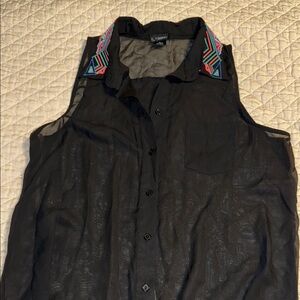 Daytrip Black Sheer Button-Up Tank with Embroidered Multicolor Collar